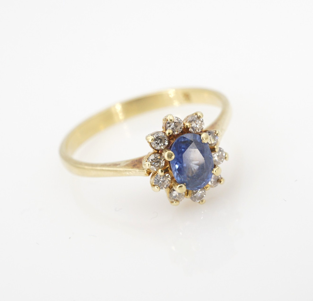 Vintage 18k Blue Sapphire Diamond Halo Ring Yellow Gold Size 7.5 Natural RG5116