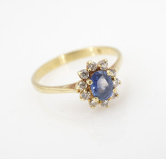 Vintage 18k Blue Sapphire Diamond Halo Ring Yellow Gold Size 7.5 Natural RG5116