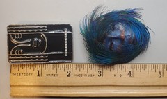 3 Brooches: Tribal Peacock Feather Clay Mask, RITZ Pewter Face, Bar W/ Charms