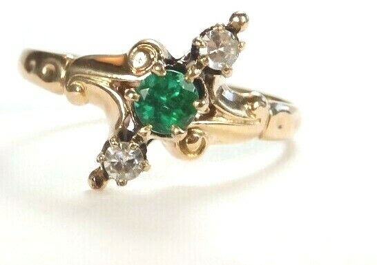 Victorian Colombian Emerald Engagement Rg Sz 5 9K Yellow Gold