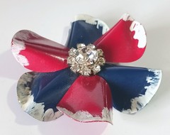 Vintage Metal Flower Brooch w White Rhinestone Center & Red Blue White Petals