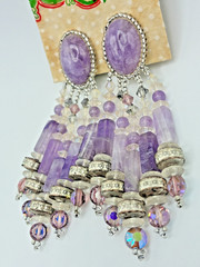 Elegant Classy Vintage Chipita Amethyst Stone Aurora Borealis Bead Clip Earrings