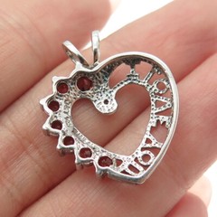J&T 925 Sterling Vintage Red Garnet & Topaz Gem “I Love You” Heart Pendant