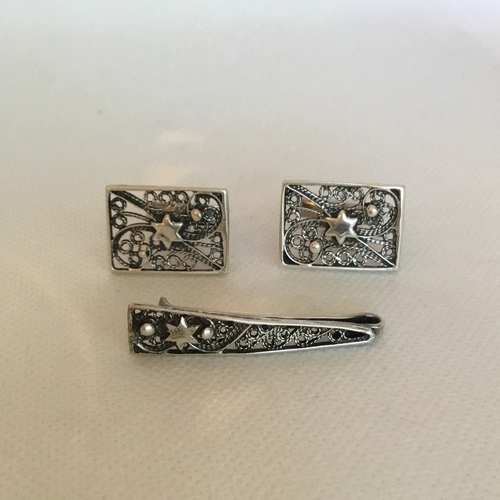Reuven 925 Sterling Silver Filigree Cufflinks & Tie Bar Israel -3 Pc Set
