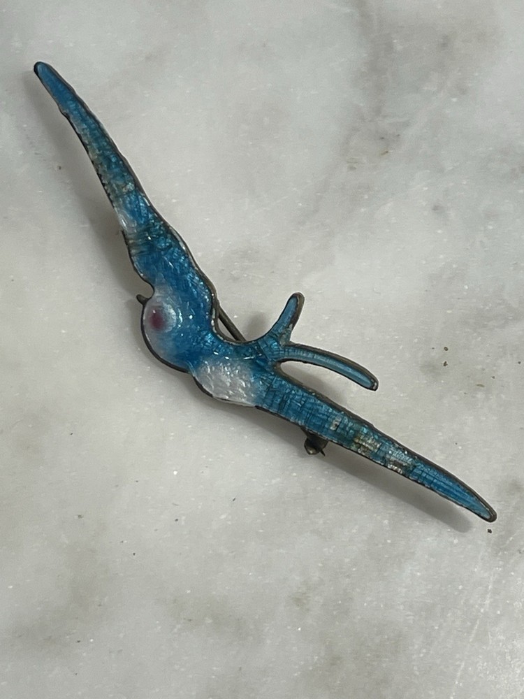 Antique Victorian Bird Swallow Pin Brooch Enameled 2.5″ Blue White Pink RARE