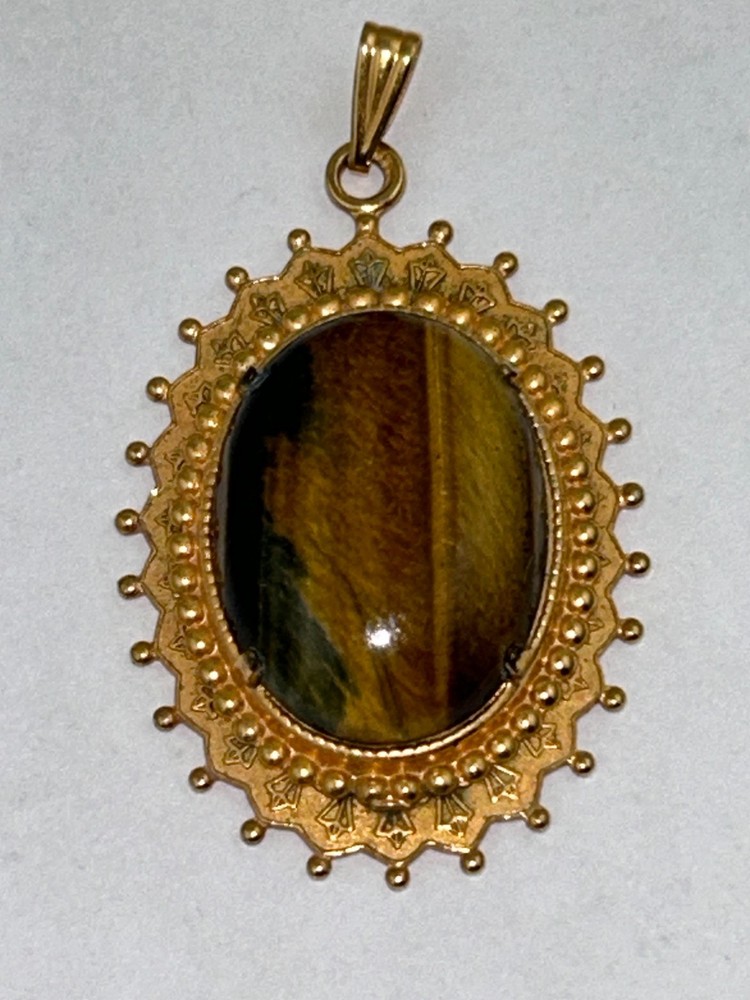 Oval Tigers Eye Gemstone Set in Gold-Tone Brass Frame 1.75″ Heavy Mothers Day