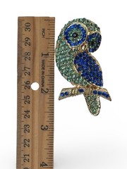 Vintage Gold Tone Owl Brooch Blue & Green Rhinestone Crystal Bird Pin Statement