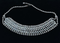 Vtg-BLUE RHINESTONE-Necklace-Choker-Ring-Bracelet-Clip-on Earrings SET