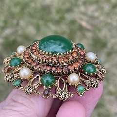 Vintage Karu Arke Inc. Rhinestones Faux Pearls Faux Jade Pendant Brooch