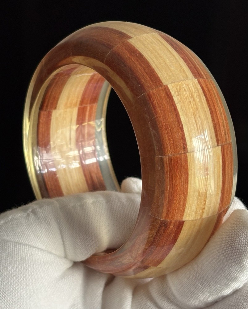 Vintage Wood & Clear Lucite Wide Chunky Bangle Bracelet 8.5in Ladies 94g