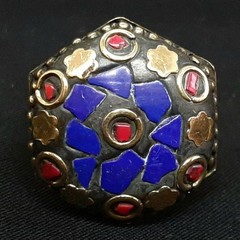 Vintage 2.50ctw Coral & Lapis Lazuli 14K Yellow Gold Silver Adjustable Ring 7.6g