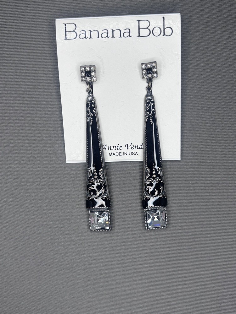 Banana Bob Vintage Black Enamel Art Deco Long Drop Crystal Earrings Vintage USA
