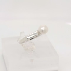 Signed Wesley Emmons Bar Top Modernist Sterling Silver & Button Pearl Ring