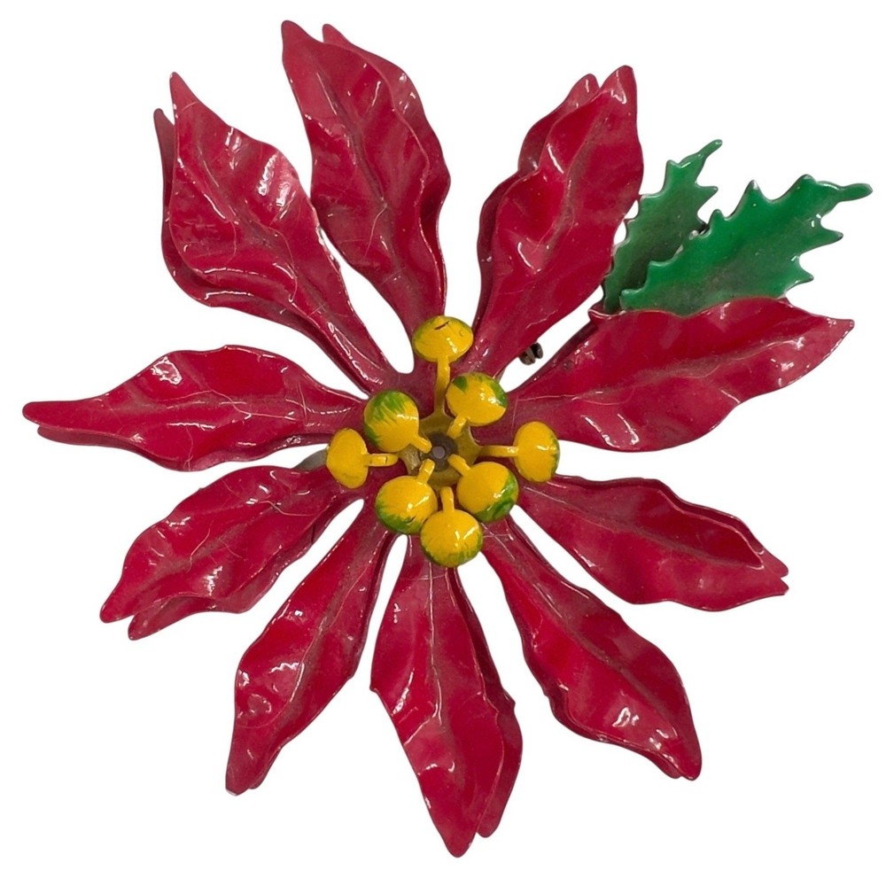 Vintage Red Enamel Poinsettia Brooch Christmas Holiday Flower Holly Pin Large