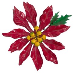 Vintage Red Enamel Poinsettia Brooch Christmas Holiday Flower Holly Pin Large