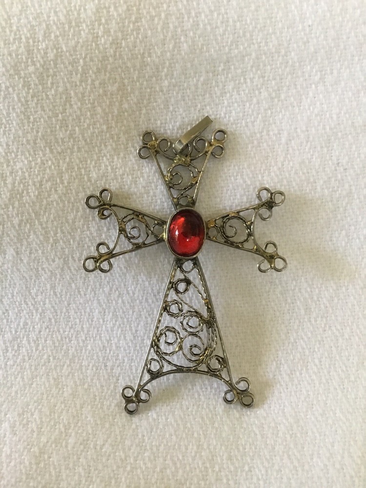 Vintage Armenian Silver Filigree Khachkar Cross Pendant With Red Cabochon Stone