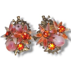 Vintage Opaline Glass Pink Orange Rhinestone Floral Cluster Clip On Earrings