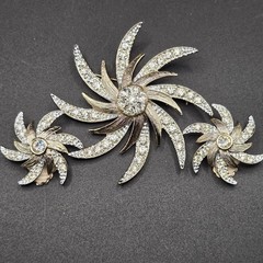 Sarah Coventry Gold/Silver Tone Rhinestone Floral Brooch & Clip-On Earrings Set