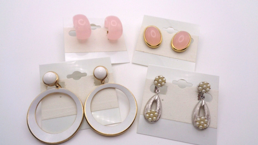4 Vintage Signed Trifari Lucite Faux Pearl Enamel Clip-on Earring Lot