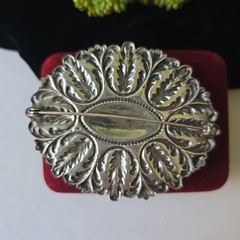 Vintage 50s Silver Plated Repousse Metal Oval Victorian Style Pin Brooch