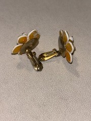 Vintage Orange And White Flower Clip Earrings, Signed Hong Kong