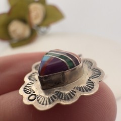 VINTAGE NAVAJO ~ SIGNED ~ OLD PAWN ~ STERLING SILVER INLAY POST EARRINGS 3 GRAMS