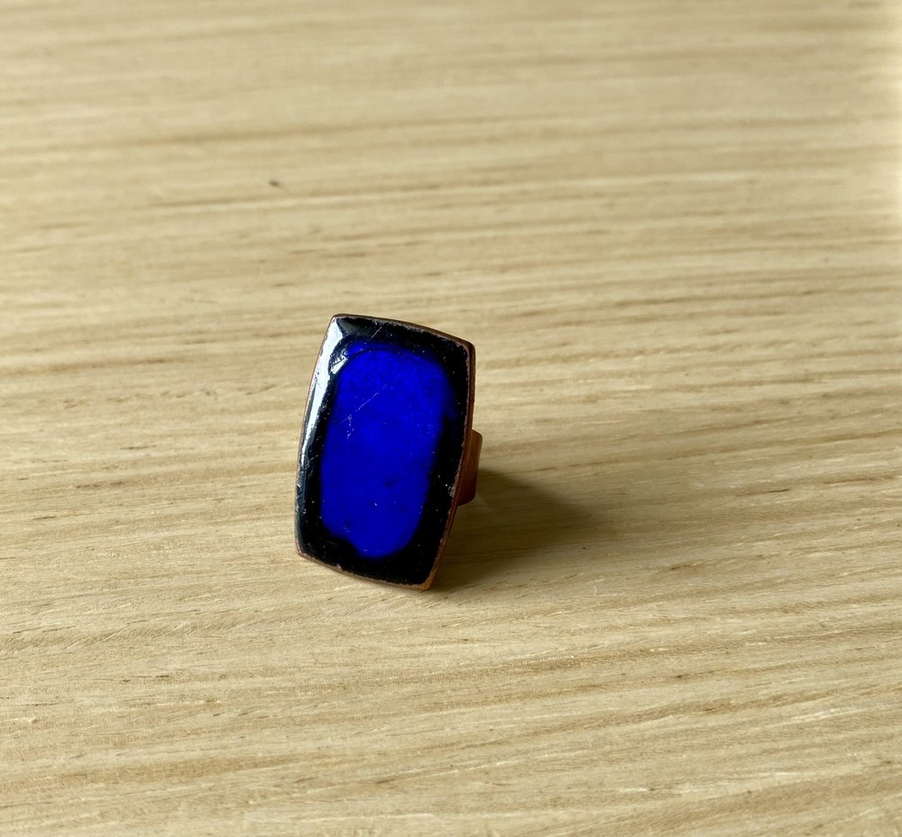 MCM Scandinavian made in Denmark Copper and Blue Enamel Vintage Adjustable Ring
