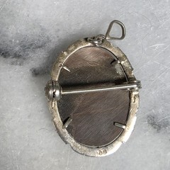 Vintage 800 Silver Carved Mother of Pearl Cameo Brooch Pendant Marcasite Frame
