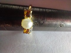 Gold Tone Adjustable Size 5-6 Ring Faux Pearl Amber Rhinestones + Free Gift