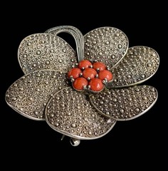 Theodor Fahrner Silver Brooch PIN 925 Markasite and Coral