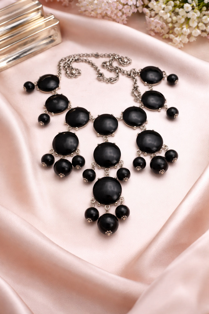 Vintage Black Cabochon Statement Necklace Silver Tone Bib Dangle 26 In Bold Y2K