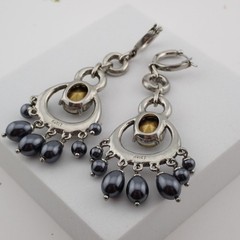 Vintage Monet Simulated Pearl Gray Crystal Silver Tone Pierced Dangle Earrings