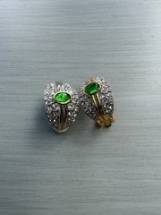 Vintage 80s 90s Gold-Tone Green and Rhinestone Hoop Clip Earrings