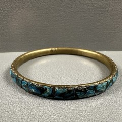 Vintage India Bangles Bracelet Mosaic Stone Brass Blue Green Inlay Set of 2