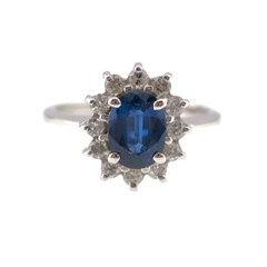 Classic 14k Solid White Gold Natural Blue Sapphire and Diamond HALO Ring Sz 6.5