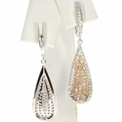 LARGE .99CT WHITE & PINK DIAMOND 18KT WHITE & ROSE GOLD 3D PAVE HANGING EARRINGS