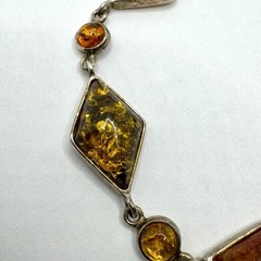 Vintage Diamond and Mini Round Shape Natural Baltic Amber Silver Bracelet 7.5”