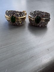 Vintage 80s 90s Gold-Tone Green and Rhinestone Hoop Clip Earrings