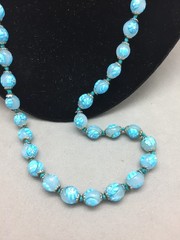 Vintage Venetian Glass Bead Necklace Blue Flower 8-9mm Knotted 30″