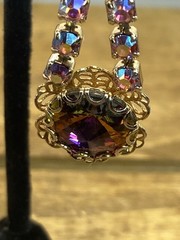 Vtg 1960s Watermelon Glass Rivoli & AB Rhinestone Clip On Dangle Earrings 2”