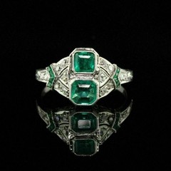 Art Deco Emerald & Lab Created Diamond Two-Stone Wedding White Gold Finish Ring