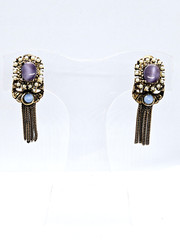 VINTAGE ANTIQUE GOLD TONE KARU BEAD CABOCHON FAUX PEARL TASSEL CLIP ON EARRINGS