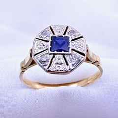 Vintage 18ct Yellow Gold Sapphire Diamond Ring Art Deco Octagonal Size 8