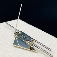 Vintage Signed Mexico 925 Sterling Silver Taxco Modernist Onyx Brooch Geometric
