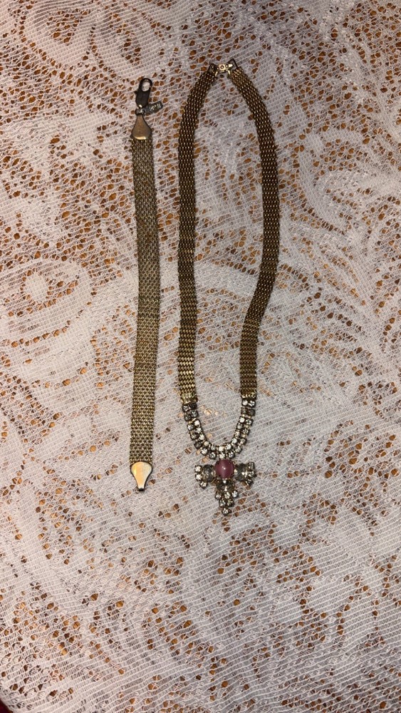 Vtg 1950s 24kGB Gold Bonded Mesh Choker Necklace Bracelet Set Pink Cabochon MCM