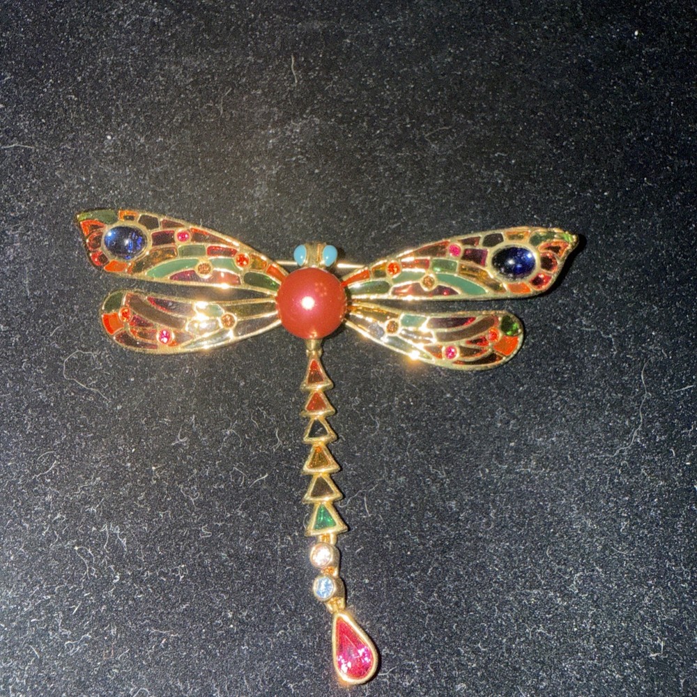 Vintage JOAN RIVERS Plique A Jour “stained glass” crystal dragonfly brooch