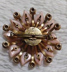 Vintage Flower Brooch Pin Gold Tone Pink Plastic Purple Rhinestones 1.5 in