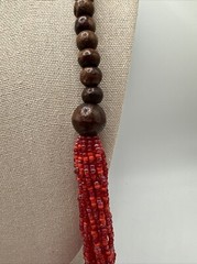 Vintage Red Glass Seed Bead Necklace Multi Strand with Wood Beads 34”