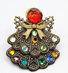 Angel Double Skirt Rhinestone Filled Filigree Wings Gold Tone Pin Lapel Family