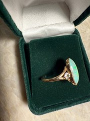 Australian Opal Ring (A), 2 Small Diamonds Each Side. 10K Gold, Antique, Sz.6.25
